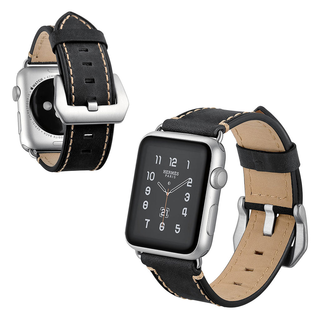 Apple Watch Series 5 40mm / Apple Watch 40mm Ægte læder Rem - Sort#serie_1