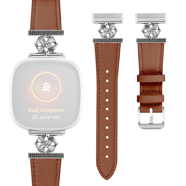 Fitbit Versa 4 / Sense 2 Watch Band Genuine Cow Leather Flower Decor Adjustable Strap - Brown#serie_4