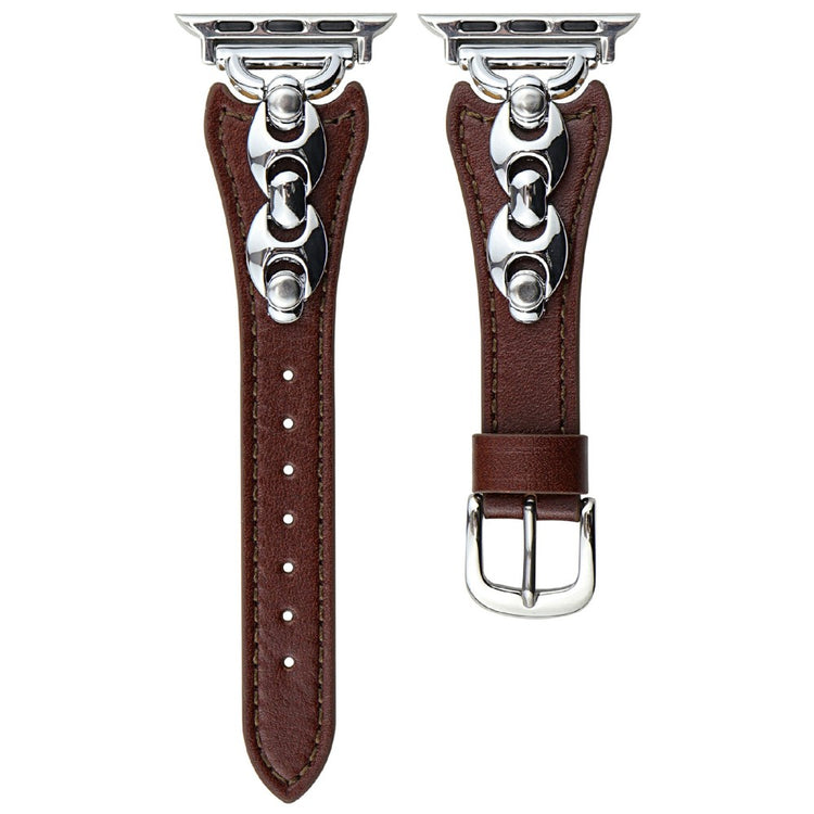 Watch Strap Apple Watch Series 10 46mm D-Shaped Metal Ring Leather Band - Dark Brown  /  Silver#serie_7