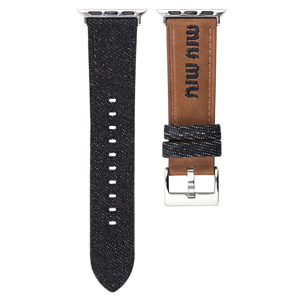 Watch Band Apple Watch Series 10 46mm Embroidered Denim Leather Strap - Brown  /  Black#serie_1