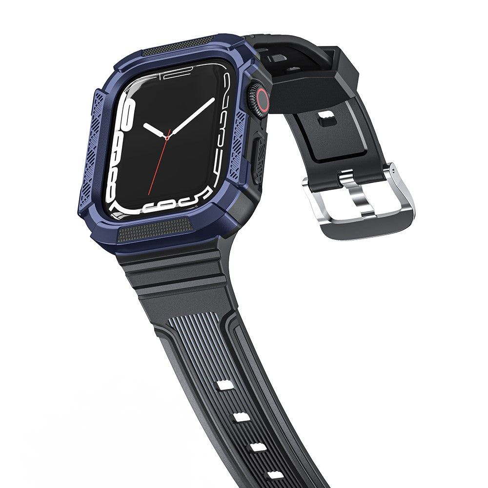 Apple Watch Series 9 / 8 / 7 45mm / 6 / 5 / 4 44mm / 3 / 2 / 1 42mm / SE (2022) 44mm / SE (2023) / SE 44mm Flexible Strap Integrated with Bump Resistant Watch Case - Black+Dark Blue#serie_6