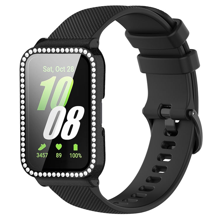 Samsung Galaxy Fit3 Silicone Strap with Rhinestone Decor Watch Case + Screen Protector - Black Strap+Electroplated Black Case#serie_1