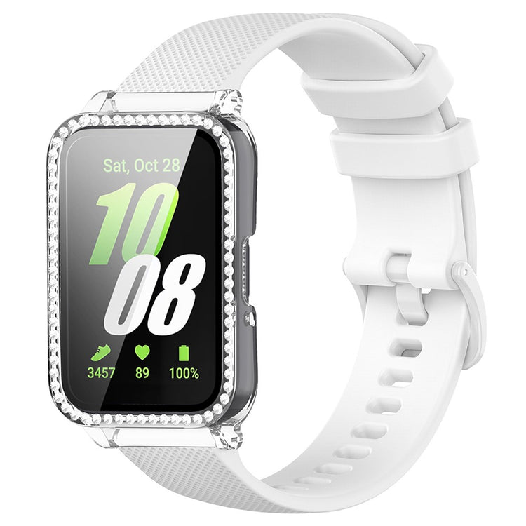 Samsung Galaxy Fit3 Silicone Strap with Rhinestone Decor Watch Case + Screen Protector - White Strap+Transparent Case#serie_4