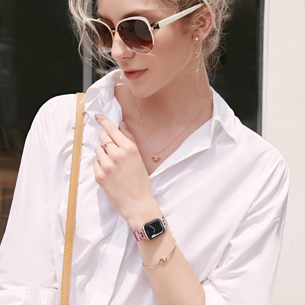 Apple Watch Series 9 45mm / Ultra 2 rhinestone S-shape milanese stainless steel strap - Rose Pink#serie_1