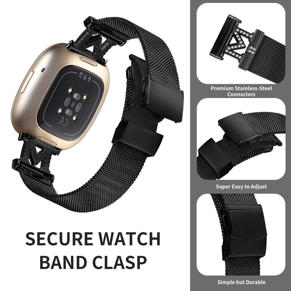 Metal Og Rhinsten Universal Rem passer til Fitbit Sense 1 / Fitbit Versa 3 - Sort#serie_144