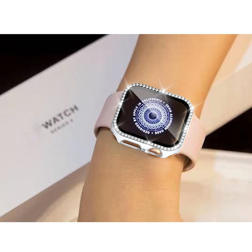 Super Fed Apple Watch 40mm Cover med Skærmbeskytter i Plastik, Rhinsten og Hærdet Glas - Hvid#serie_3