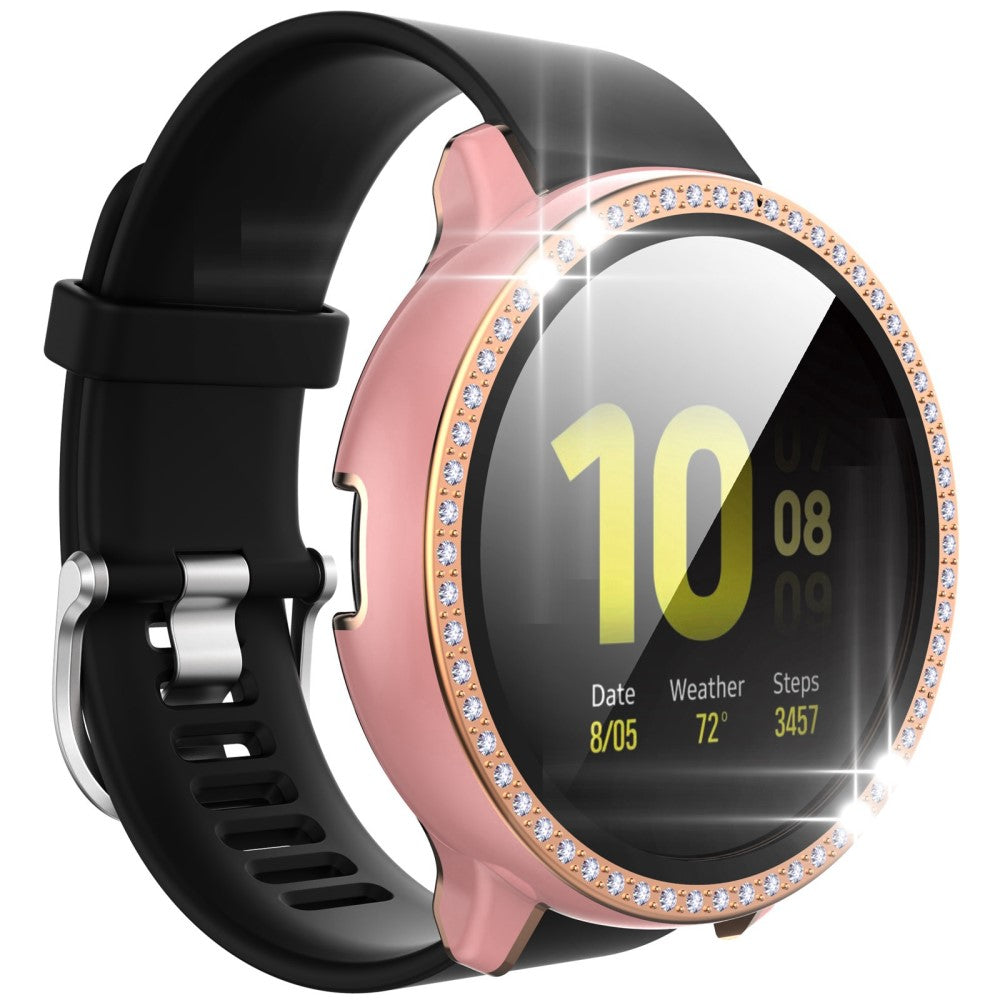 Fint Samsung Galaxy Watch Active 2 - 44mm Cover med Skærmbeskytter i Plastik, Rhinsten og Hærdet Glas - Pink#serie_2